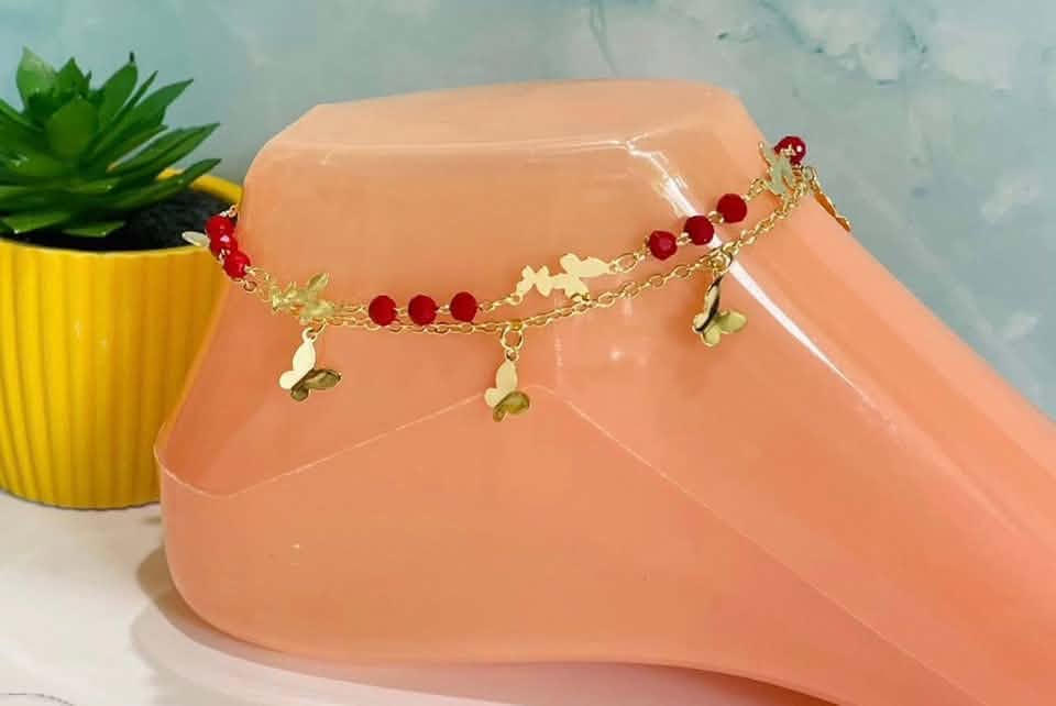 Layered Gold-Tone Red Beaded Butterfly Anklet