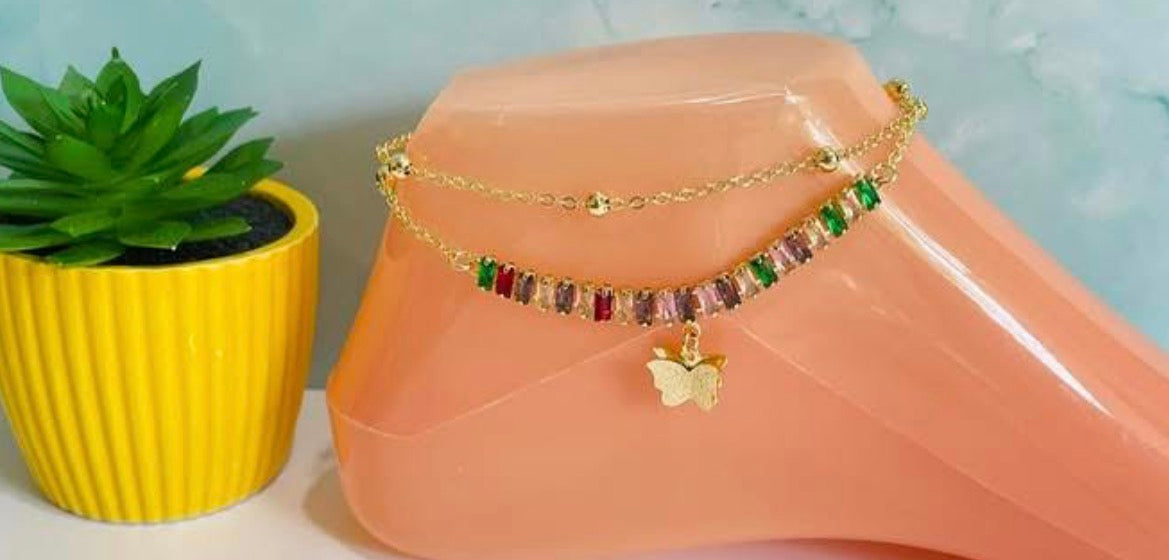 Layered Gold-Tone Crystal Butterfly Anklet