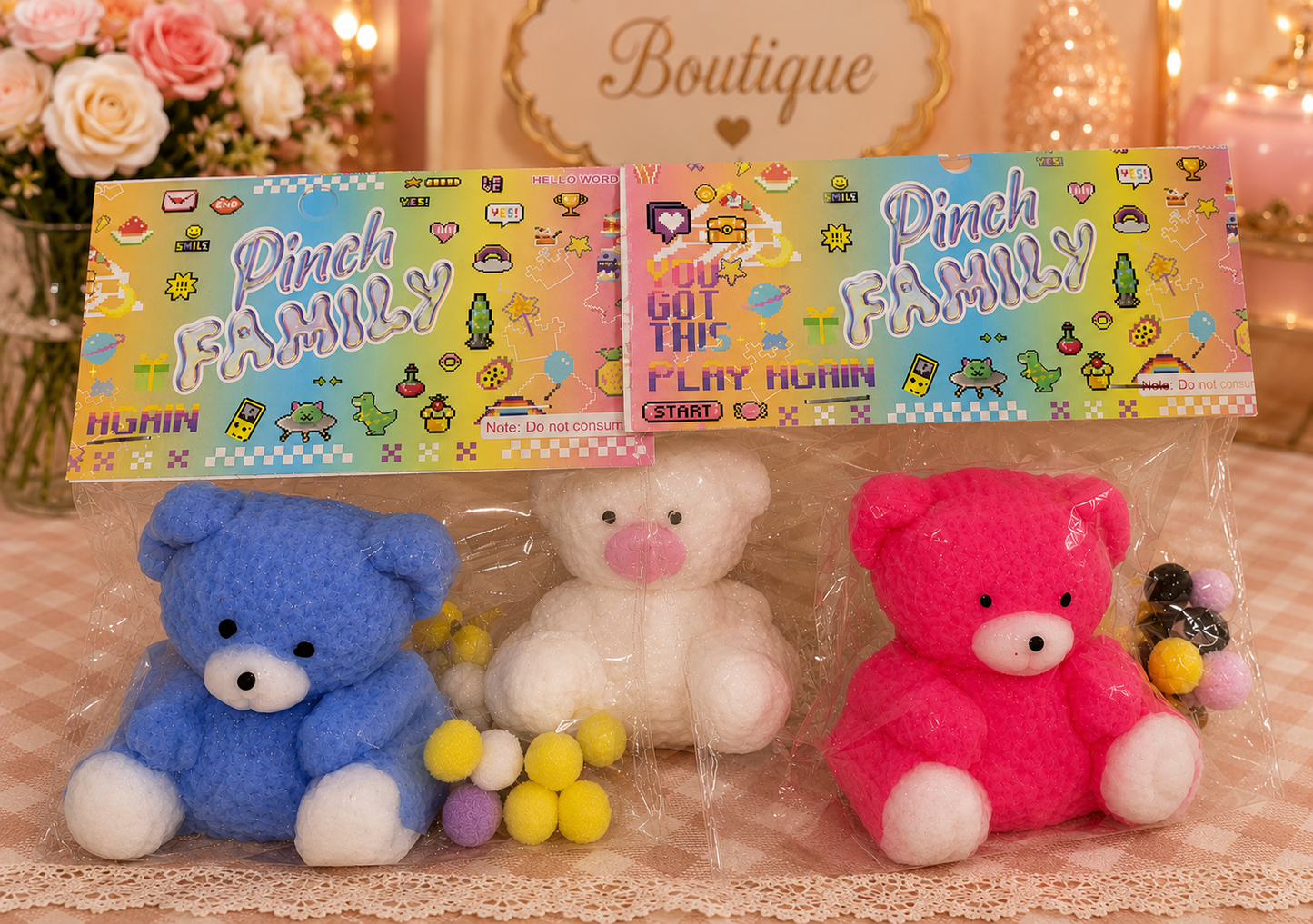 Cute Teddy Bear Squishy Toy with Pom Poms – Assorted Colors