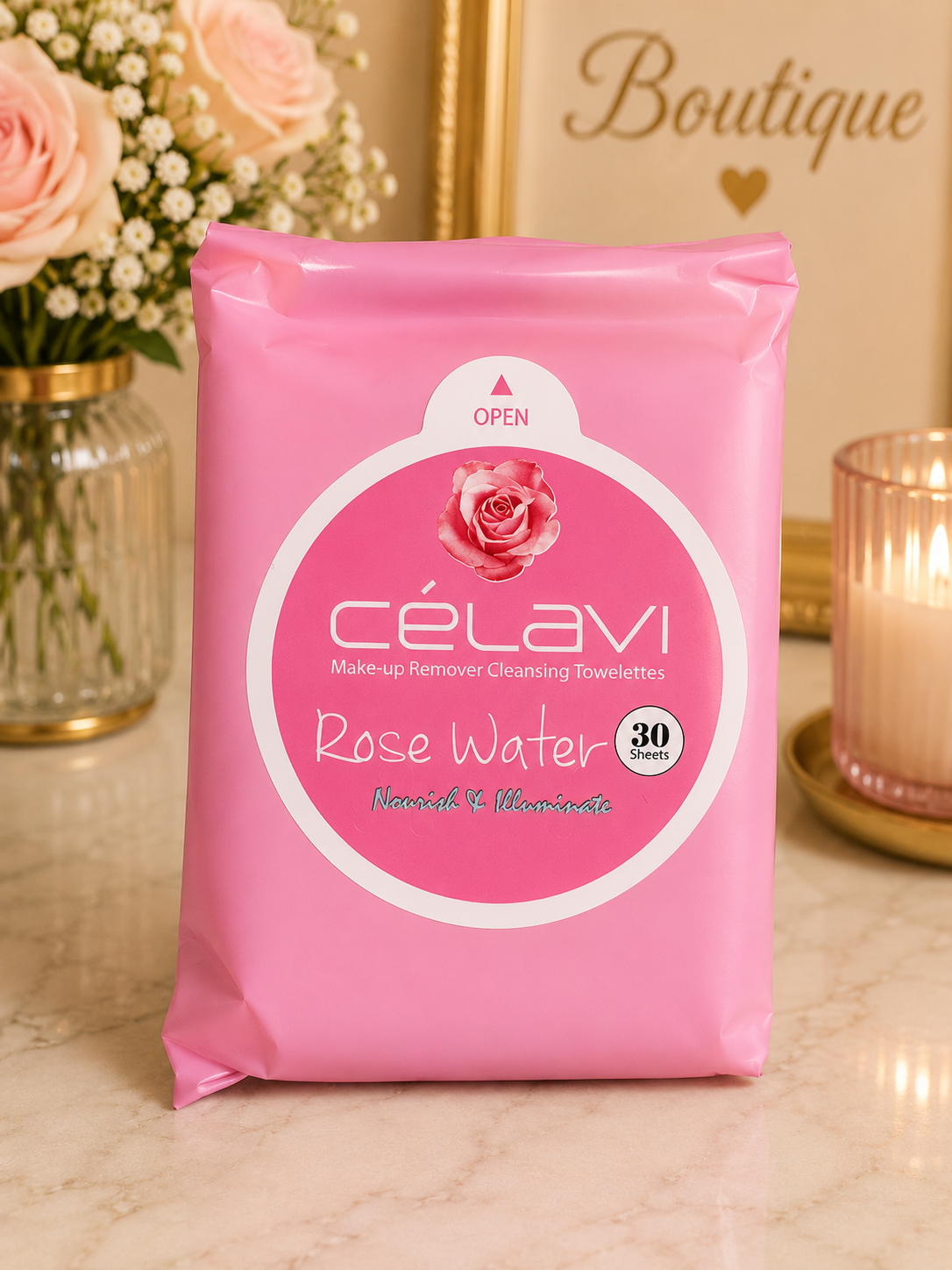 Célavi Rose Water Makeup Remover Cleansing Towelettes – 30 Sheets