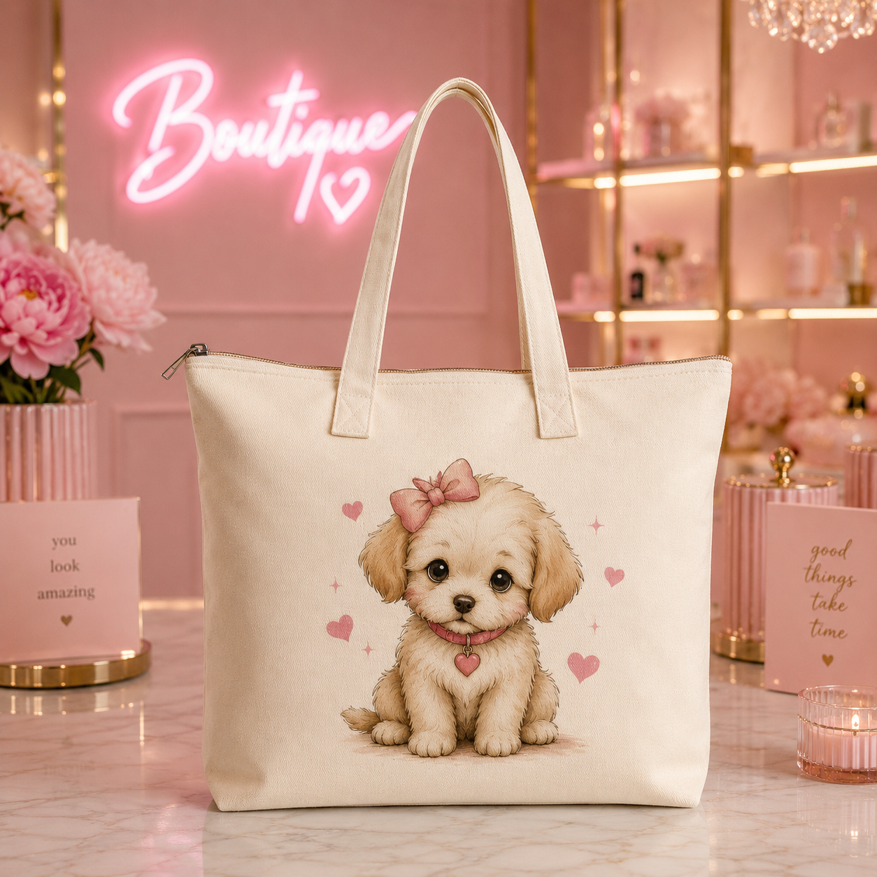 Adorable Canvas Tote Bag with Zipper