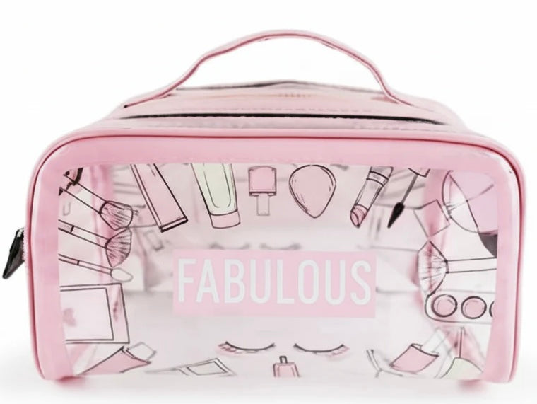 Large Clear Makeup Bag – Pink Floral Transparent Travel Toiletry Case with Top Handle