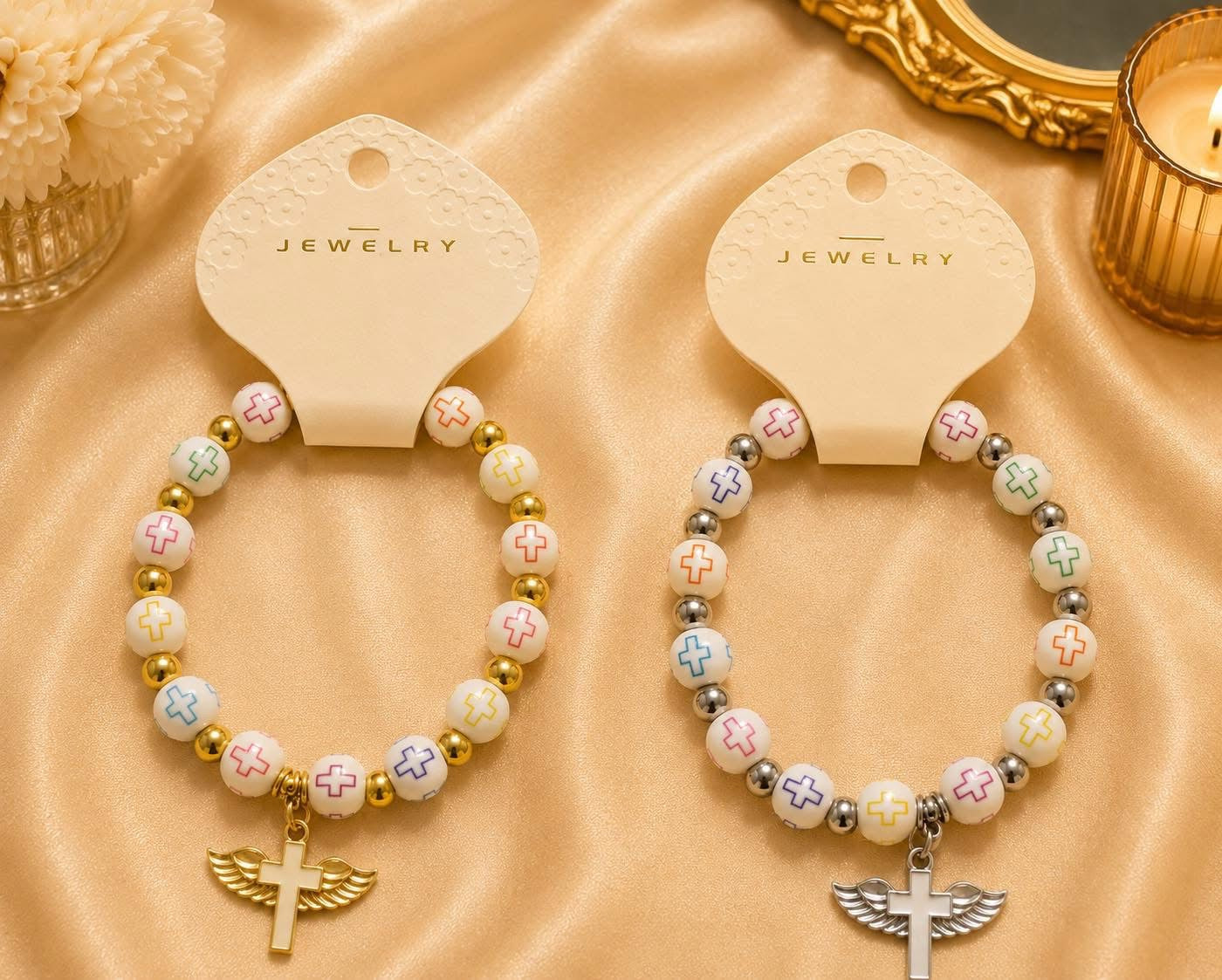 Cross beaded bracelet with wings