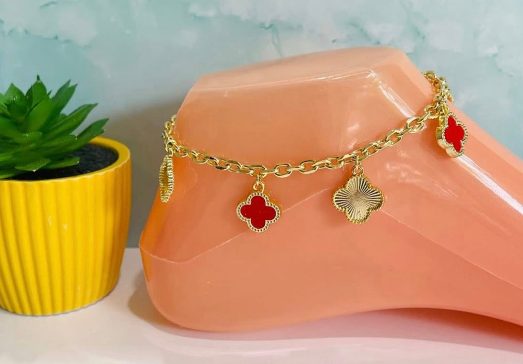 Gold-Tone Red Clover Charm Anklet